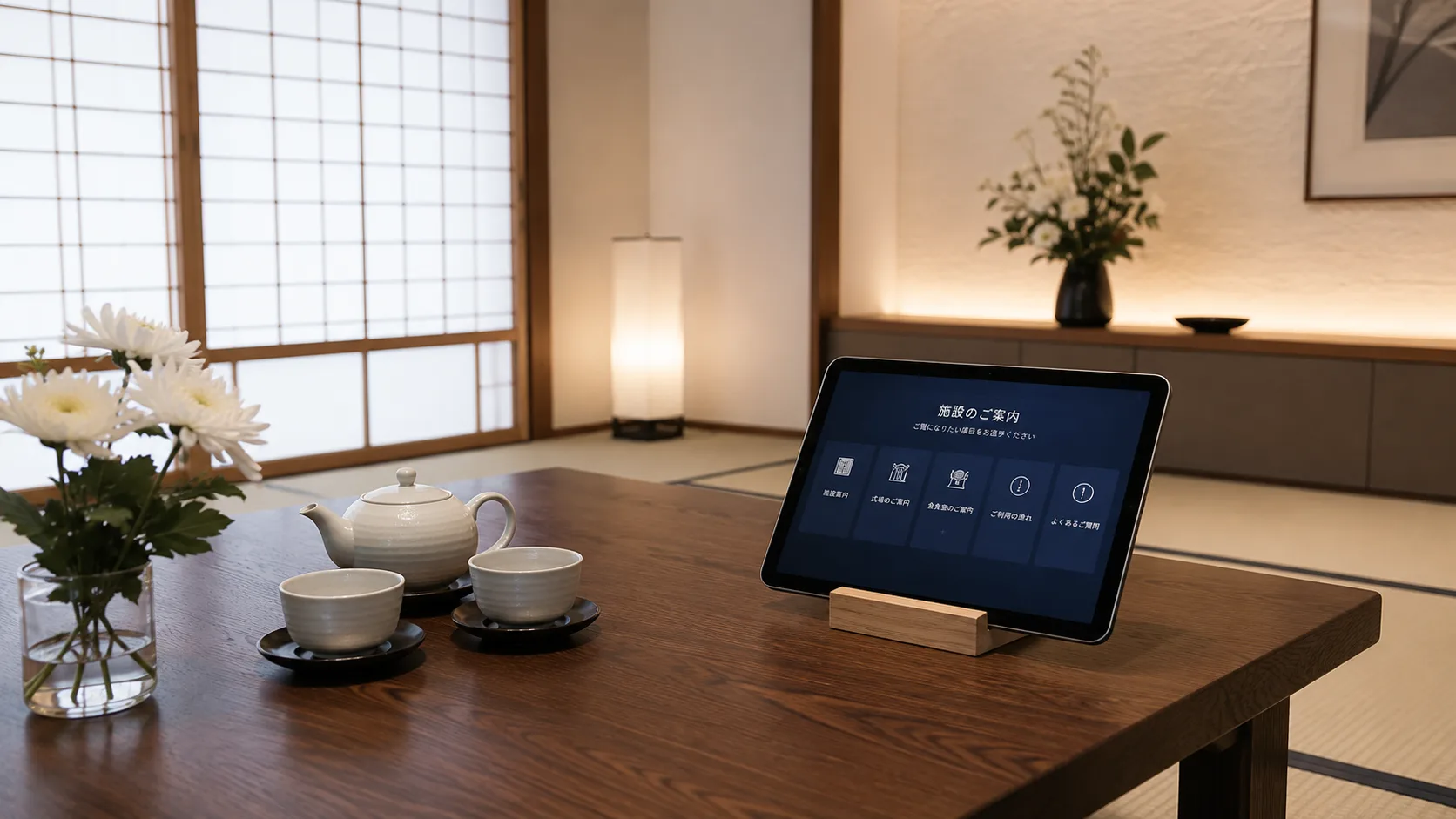 葬祭会館の家族控室に設置した案内タブレット